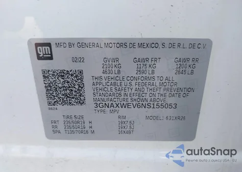 2022 Chevrolet Equinox Awd Rs from USA, damaged, VIN 3GNAXWEV6NS155053